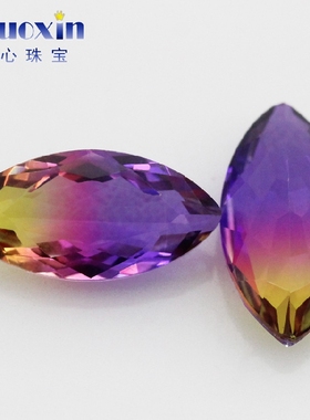 马眼渐变色西瓜碧玺玻璃裸石仿钻 树叶形紫黄金色散珠戒面钻BX11