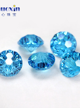 海蓝锆烟花切圆形裸石主钻 圆形高碳钻宝石美甲耳钉钻蓝色合成cz