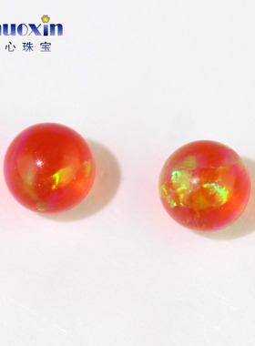 圆珠深桔红色欧泊石欧珀裸石 绿彩球形珠子合成澳宝光珠无孔OP47