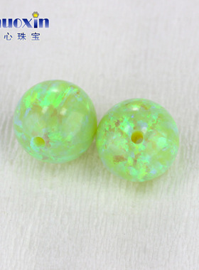 全孔圆珠荧光绿色欧泊石欧珀裸石 球形珠子合成澳宝通孔#51
