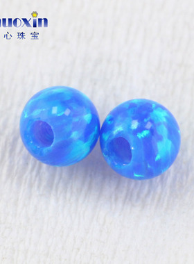 圆珠半孔蓝绿多彩欧泊石欧珀裸石 球形打孔珠子人造合成澳宝OP05