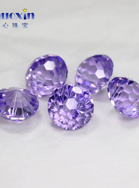 烟花切紫罗兰色高碳钻圆形裸石 耳钉配钻合成锆石爆闪菊花切面钻