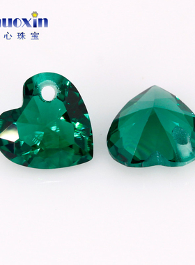 单孔心形绿纳米人造裸石 绿色宝石打孔耐高温耳钉项链珠宝首饰DIY