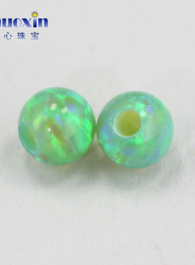 圆珠半孔翠绿色欧泊石欧珀裸石 球形打孔珠子人造合成澳宝OP11