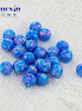 圆珠半孔蓝色红彩欧泊石欧珀裸石 球形打孔珠子人造合成澳宝OP74