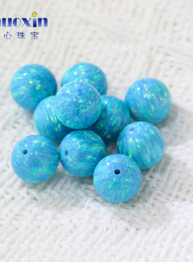 蓝色多彩半孔圆珠欧泊欧珀石裸石 球形打孔珠子合成澳宝散珠OP73