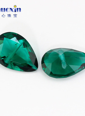 梨形横穿孔孔绿玻璃裸石 水滴形尖底吊坠镶嵌首饰品可diy