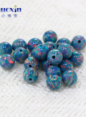 半孔圆珠湖蓝色欧泊欧珀石裸石 球形打孔珠子合成澳宝OP01