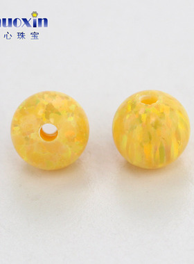 全孔圆珠明黄色欧泊石欧珀裸石 球形打孔珠子人造合成澳宝通孔#54