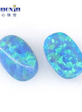 蓝炫彩蛋形平底素面人造澳宝OPAL 椭圆形欧泊石蓝色系裸石#T-1