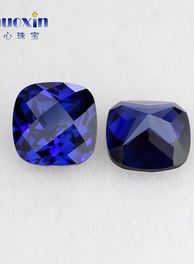 枕形尖底龟面34#蓝刚玉裸石 格子面网面肥正方合成蓝宝石戒面diy