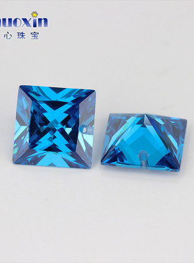 边线中间单孔正方直角海蓝色锆石裸石 公主方蓝色宝石人造CZ打孔