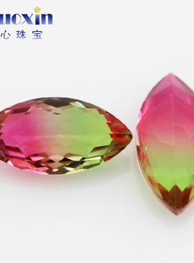 马眼西瓜碧玺玻璃渐变色裸石戒面 树叶形彩色宝石仿天然石BX04