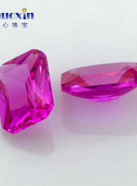 长方形倒角3#红刚玉裸石 合成红宝石车花小八角Ruby玫红戒面配石