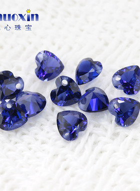 单孔蓝刚玉心形裸石34# 合成蓝宝石桃心形右上角打孔耳饰DIY散珠