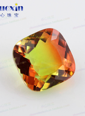 金黄色西瓜碧玺玻璃肥正方形枕形裸石 合成仿天然石戒托配石BX01