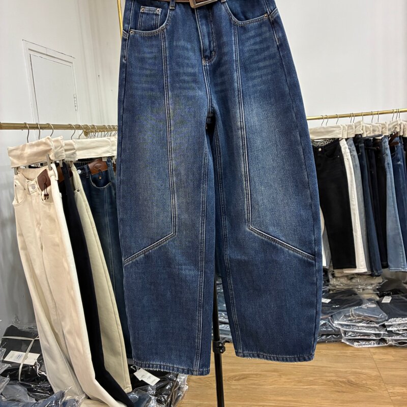 艾拿2025冬款55099蓝色植绒高腰直筒阔腿裤女时尚显瘦牛仔弯刀裤 - 图1