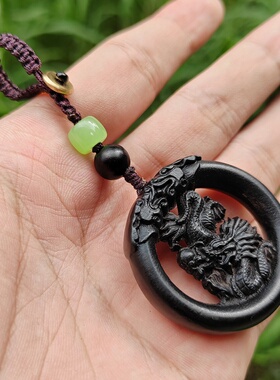 黑檀木雕祥龙戏珠钥匙扣