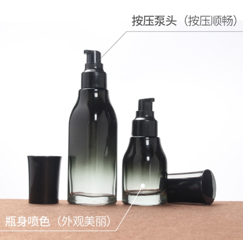 现货四方黑色渐变精华乳液按压分装膏霜瓶 爽肤水喷雾内塞玻璃瓶 - 图2