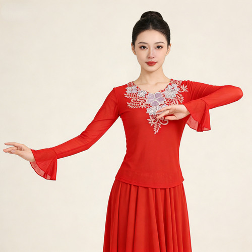 新款新疆舞蹈上衣女春夏季款网纱修身款广场舞服民族舞维族舞服装 - 图1