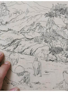 郎世宁百骏图白描稿复古书画工笔线描手卷国画微喷仿古复制品