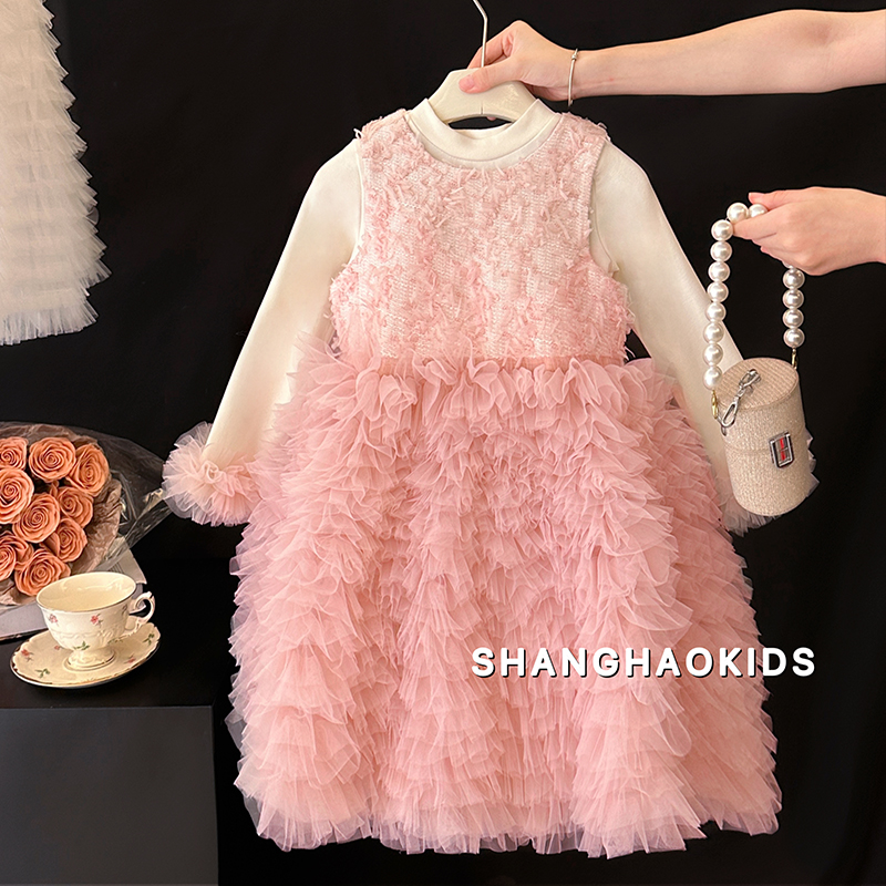 女童连衣裙秋冬款小女孩高级感生日公主裙洋气儿童粉色礼服蓬蓬裙 - 图2