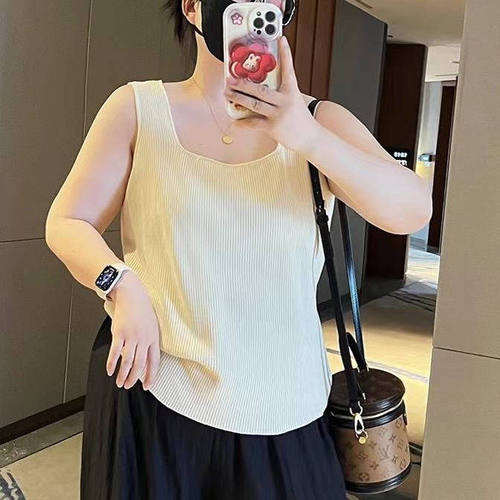 300斤胖mm春夏新款百搭宽肩带U领内搭背心宽松通勤针织遮肉吊带女 - 图1