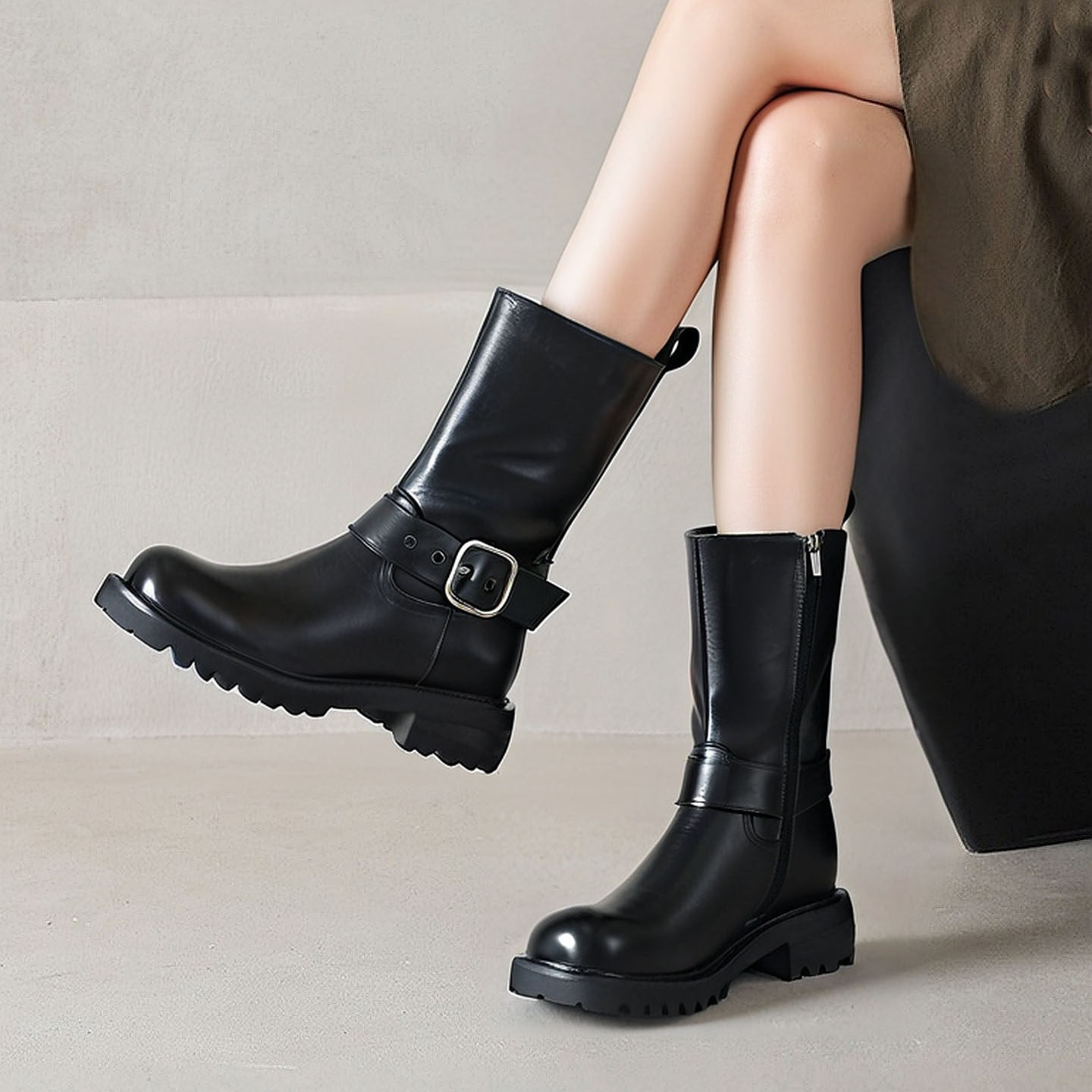 轻奢高端质感头层牛皮中筒靴女欧美范皮带扣中跟粗跟西部骑士靴潮,淘宝优惠券,粉丝福利购,淘宝优惠卷