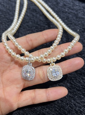 法式复古高级感方糖锆石吊坠珍珠项链名媛精致轻奢气质百搭锁骨链