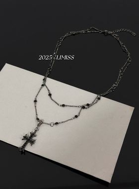 欧美复古串珠多层黑色十字架项链小众轻奢高级锁骨链时尚气质网红