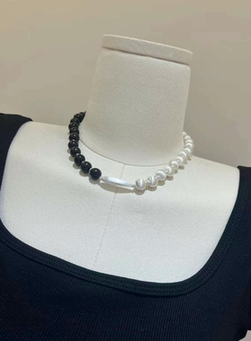 ing网红高级感拉丝黑檀木项链小众设计拼接串珠锁骨链百搭颈链女