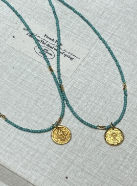 法式复古海盐蓝珠珠精致沙金吊坠项链新中式小众个性简约锁骨链潮