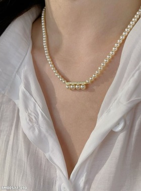 法式复古简约音符微笑珍珠流苏项链精致时尚轻奢感一字排钻锁骨链