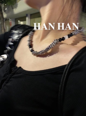 欧美时尚新款黑色拼接项链中性洋气大牌锁骨链高级感轻奢小众配饰