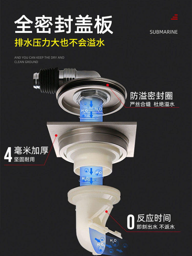 潜水艇全铜洗衣机专用地漏防臭密闭防返水溢卫生间下水管接头三通-图0