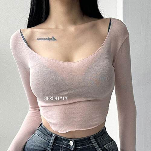 当天发 51STUDIO自制 LE270亲肤基础款~性感U领露腰长袖打底T恤td - 图2