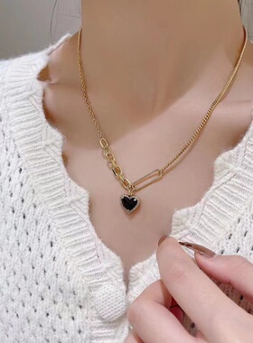 黑金双层叠戴项链桃心