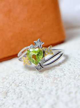 新款戒指925银镶嵌天然橄榄石刻面欧泊石榴石心形活口个性首饰