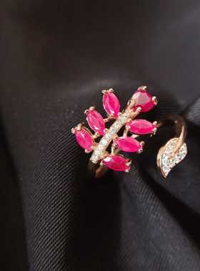 天然鸽血红宝石戒指925银镶嵌树叶款上开口百搭高级感女手饰