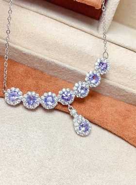 天然坦桑石项链s925银镶嵌围钻款圆形4*4多粒锁骨链日常百搭女