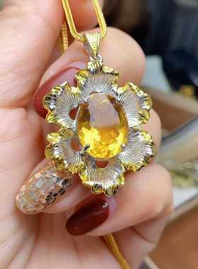 豪华彩宝毛衣链s925银镶嵌天然黄水晶紫水晶大颗椭圆吊坠花多百搭