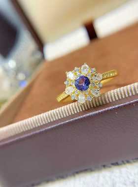 新款戒指s925银镶嵌天然坦桑石圆形活口食指戒豪华围钻百搭款