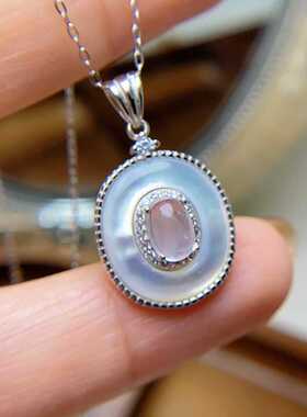 新款天然粉晶吊坠925银镶嵌芙蓉石配贝母项链简单日常百搭款