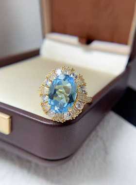 豪华多钻宝石戒指s925银镶嵌天然天空蓝托帕石活口女手饰精致百搭