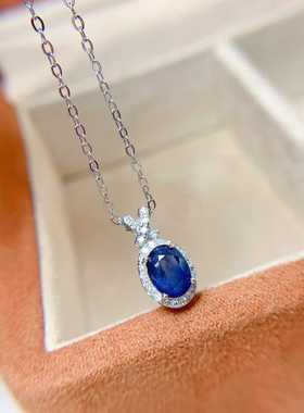 天然蓝宝石项链s925银精工镶嵌围钻款宝石吊坠精致百搭款女首饰