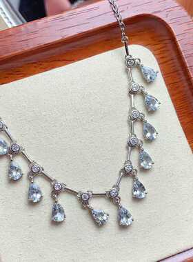 多宝锁骨链925银镶嵌天然坦桑石碧玺蓝托帕水滴多粒项链女宴会风