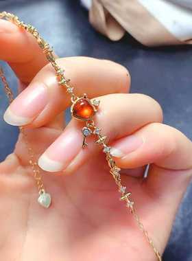 彩宝首饰新款手链s925银镶嵌天然素面心形芬达石榴石手饰精致百搭