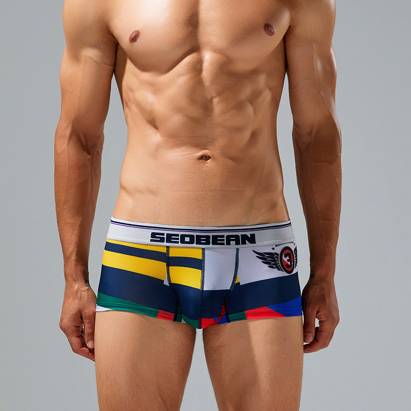 实拍4色SEOBEAN/希宾男士内衣印花透气平角内裤学生四角清爽裤头