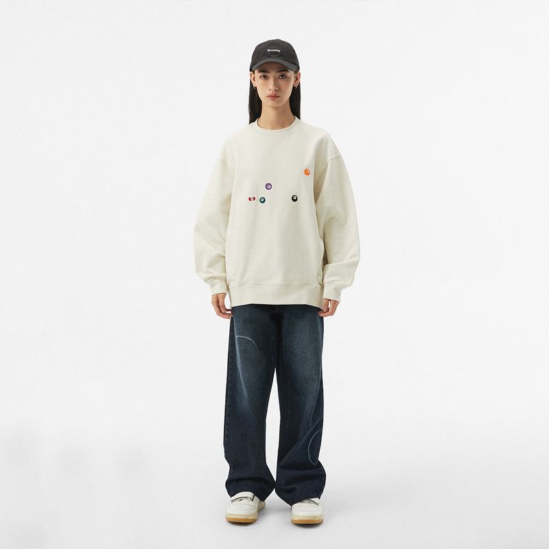 FMACM闷与狂 台球刺绣捏褶400g百搭纯色圆领套头卫衣2024秋上衣 - 图2