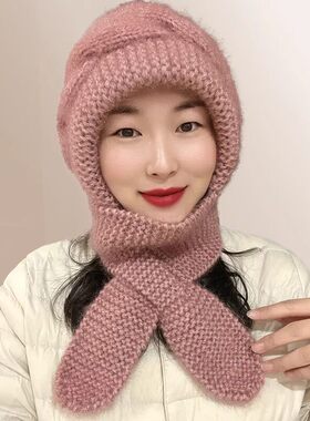 手工针织帽子女秋冬季保暖护颈洋气护耳毛线帽包头帽围巾帽子一体